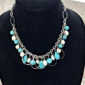 Genuine Pearls Silvertone and Turquoise Colored Howlite Beaded Necklace